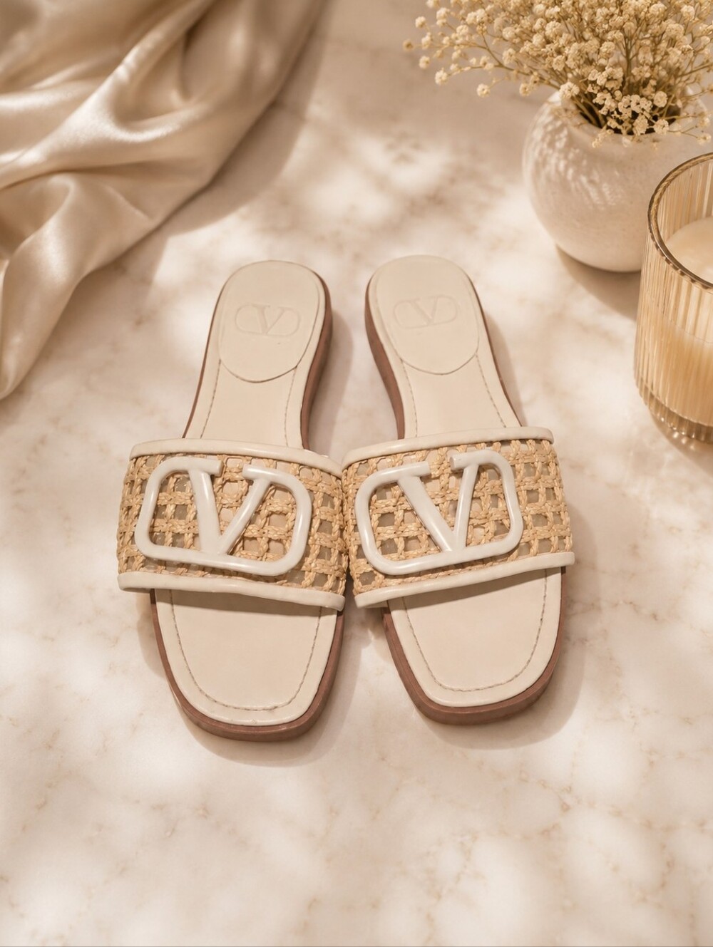 Valentino Garavani VLogo Raffia Slide Sandals Ivory Beige Size 41